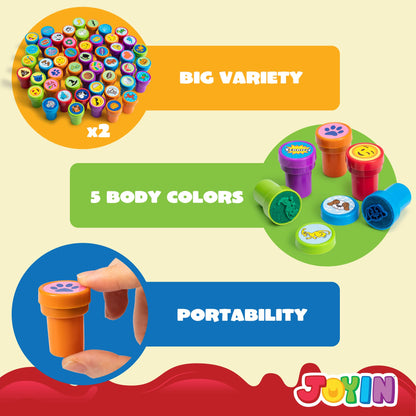 JOYIN 100PCS Assorted Stamps for Kids Self-Ink for Party Favor, Teacher Stamps, Kids Treasure Box, Prize for Classroom, Easter Egg Stuffers (50 Designs, Dinosaur, Halloween Stampers)