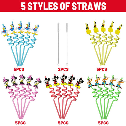 25pcs Mouse Straws Mouse Party Supplies Favors With 2pcs Cleaning Brush Plastic Reusable Straws Birthday Party Supplies Toys For Boys Girls Kids
