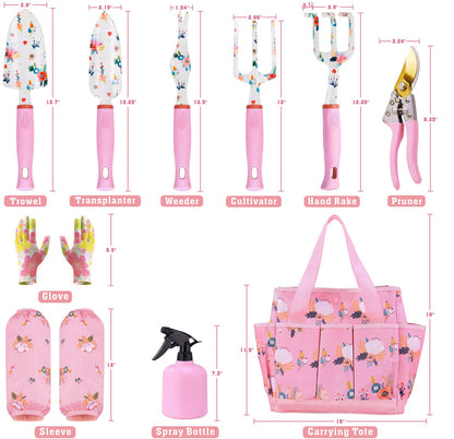 Floral Garden Tools Set,Heavy Duty Gardening Tools for Gardener,Gardening Gifts for Women,Storage Tote Bag,Sleeves,Gloves,Trowel,Transplanter,Rake,Weeder,Cultivator,Pruner,Succulent Hand Tools,Pink