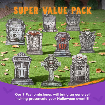 JOYIN 16" 9 Pcs Halloween Tombstones Decorations Outdoor, Graveyard Yard Lawn Plastic Headstones with 18 Metal Stakes for Halloween Cemetery, Indoor Decorations, Prop, Party Decor Supplies