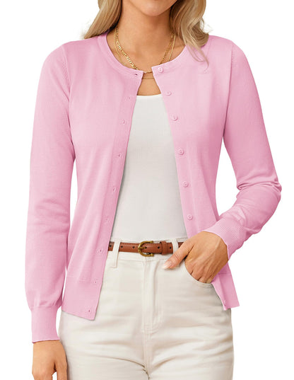 GRACE KARIN Pink Cardigan Sweaters for Women Long Sleeve Lightweight Cardigans for Women Crewneck Sweater Tops M