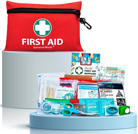 General Medi Mini First Aid Kit, 110 Piece Small First Aid Kit - Includes Emergency Foil Blanket, Scissors for Travel, Home, Office, Vehicle, Camping, Workplace & Outdoor (Red)