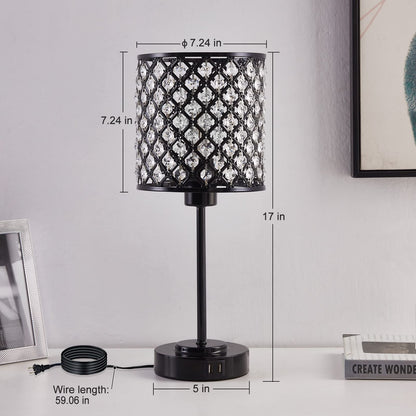 Crystal Touch Control Table Lamp with 2 USB Charging Ports, 3-Way Dimmable Black Crystal Table Bedside Lamp Nightstand Desk Light for Bedroom, Girls Guest Room, Living Room, Bulbs Included