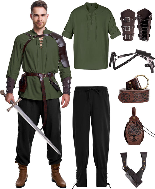 8 Pcs Men's Renaissance Costume Halloween Medieval Pirate Shirt Pant Viking Costume Accessories Set (Vivid Color, Large)