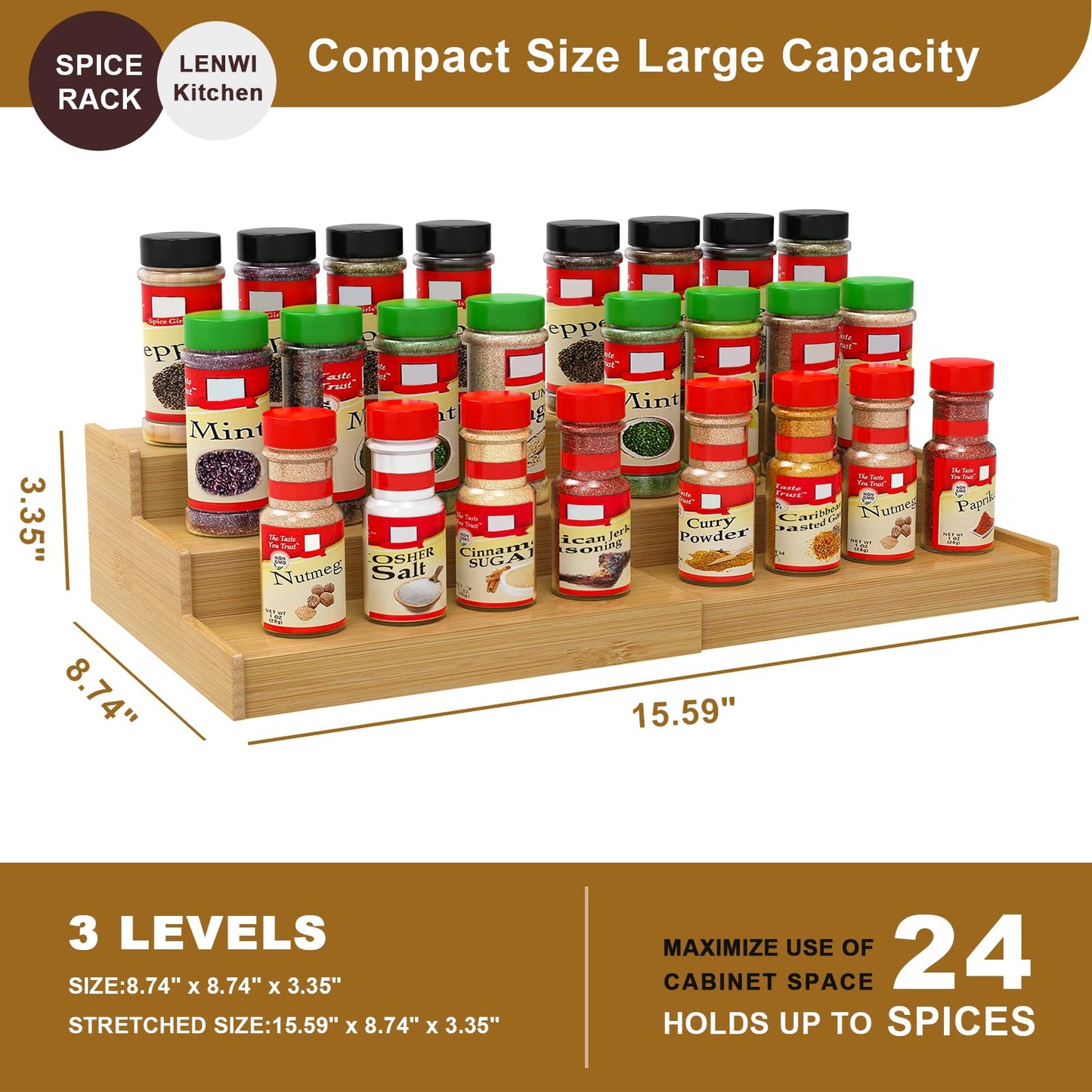 Lenwi Spice Rack Organizer for Cabinet 2Pack, 3 Tier Expandable Bamboo Spice Storage, Great for Kitchen Cabinet, Cupboard,Pantry and More(Natrual)