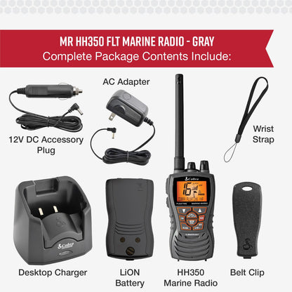 Cobra MR HH350 FLT Handheld Floating VHF Marine Radio - 6 Watt, Submersible, Noise Cancelling Mic, Backlit LCD Display, NOAA Weather, and Memory Scan, Grey