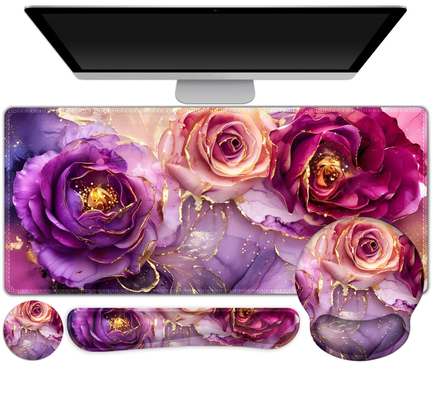 Gaming Mouse Pad, Large Desk Mat, Cute Desk Pad Protector, 4in1 XXL Mousepad + Keyboard Wrist Rest+Mouse Wrist Rest+Coaster Set with Ergonomic Desk Pad for Home Office PC, Marble Rose Purple Flowers