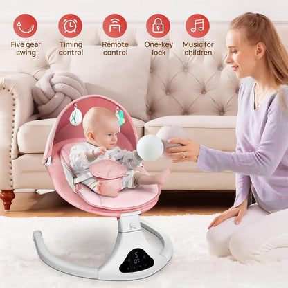 Electric Baby Swing for Infants to Toddler| Portable Infant Swing with Remote Control, Swing with 5 Speeds, 3-Point Harness for Baby Boy Girl (Pink)