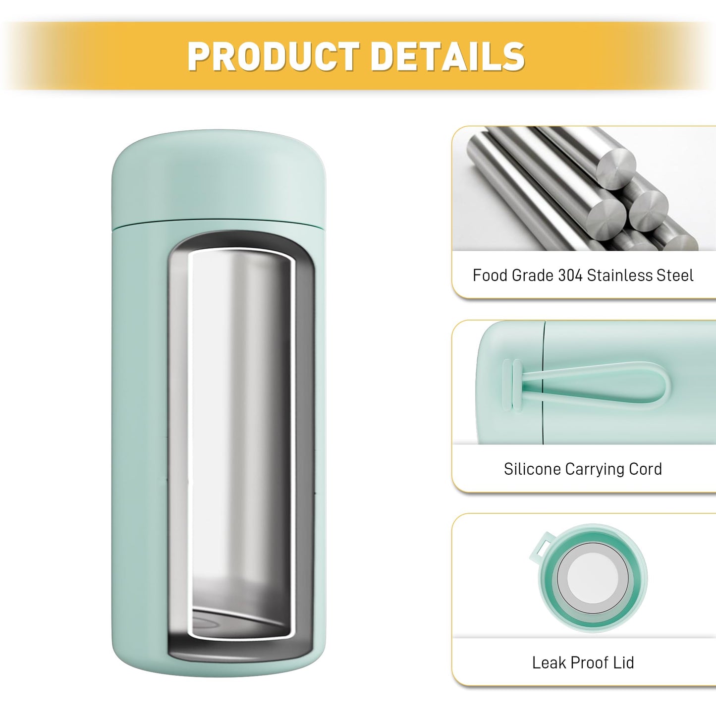 Exllena Small Water Bottle 10oz, Small Insulated Water Bottle for Hot&Cold Drinks, Water Bottle Purse with Carry Handle - 100% Leakproof Perfect for School, Travel...(Mint)