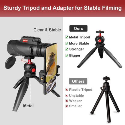 80x100 Monocular Telescope for Smartphones - High Powered HD Monocular with Tripod & Adapter, Low Light Vision for Adults - for Wildlife, Bird Watching, Hunting, Hiking