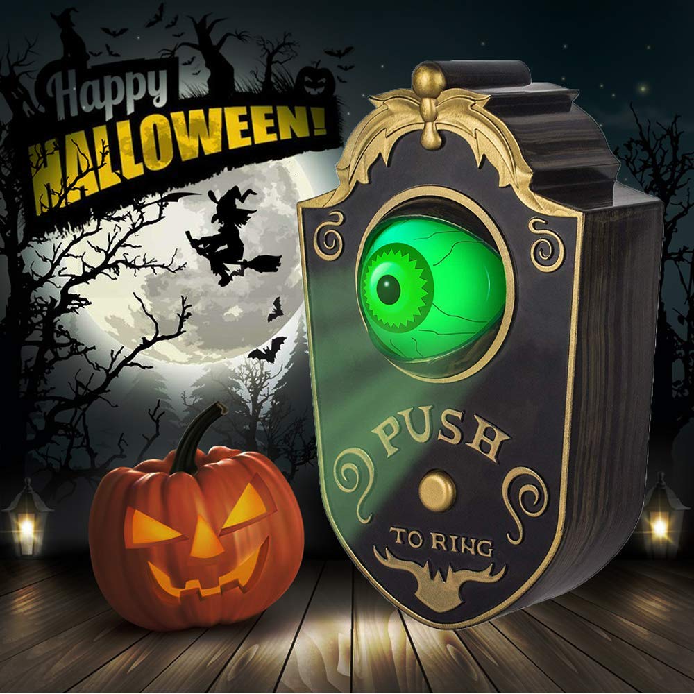 KizBruo Halloween Decoration for Indoor & Outdoor, Talking Doorbell With Lightup Eyeball, Animated Haunted House Party Prop Decor