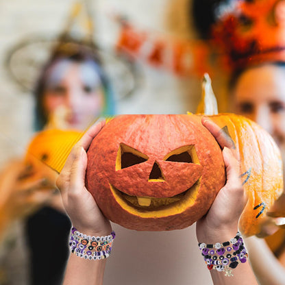 Cooluckday 10 Pcs Stackable Bracelet Set - Halloween Bracelets with Pumpkin, Spider, Ghost Charms - Stretch Bracelets for Women - BOO Happy