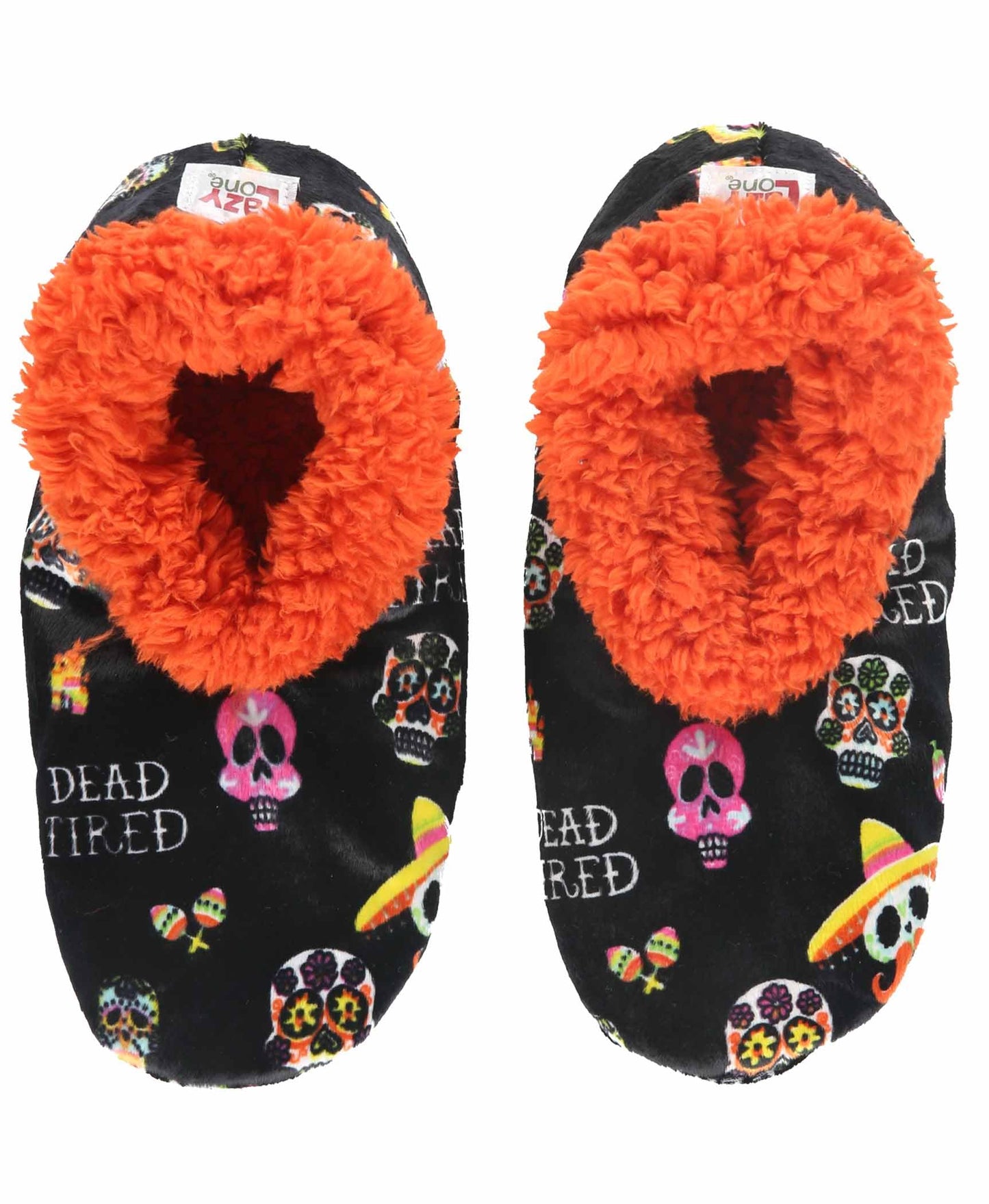 Lazy One Fuzzy Feet Slippers for Women, Cute Fleece-Lined House Slippers, Sugar Skulls, Halloween, Non-Skid (Dead Tired Orange. L/XL)
