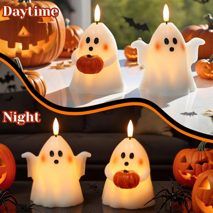 Eldnacele Halloween Ghost Flickering Flameless Candles with 6 Hour Timer, Battery Operated Tea Lights White Spooky Ghost Lights Wax Candles Indoor Fireplace Holiday Decorations Gifts(2Pcs, D3.5×H5)