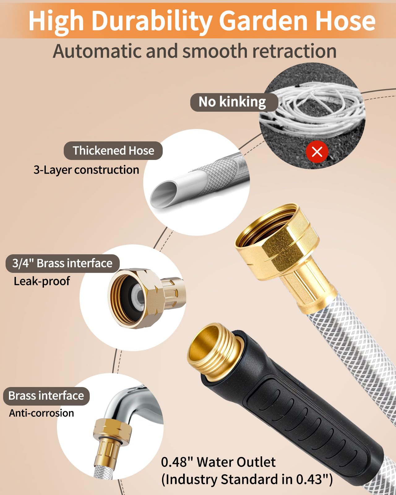 KOSOEUR Retractable Garden Hose Reel, 1/2 in x 65 ft Garden Hose Reel, Automatic Retractable Water Hose Wall Mount with 10 Pattern Nozzle, Slow Rewind System/Any Length Auto Lock 180° Swivel Bracket