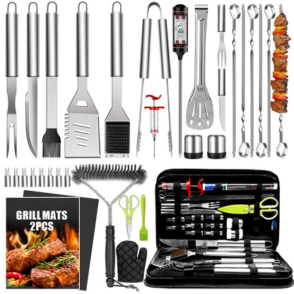 34Pcs Grill Accessories Grilling Gifts for Men, 16 Inches Heavy Duty BBQ Accessories, Stainless Steel BBQ Tools with Thermometer, Grill Mats for Backyard, BBQ Set for Men Women