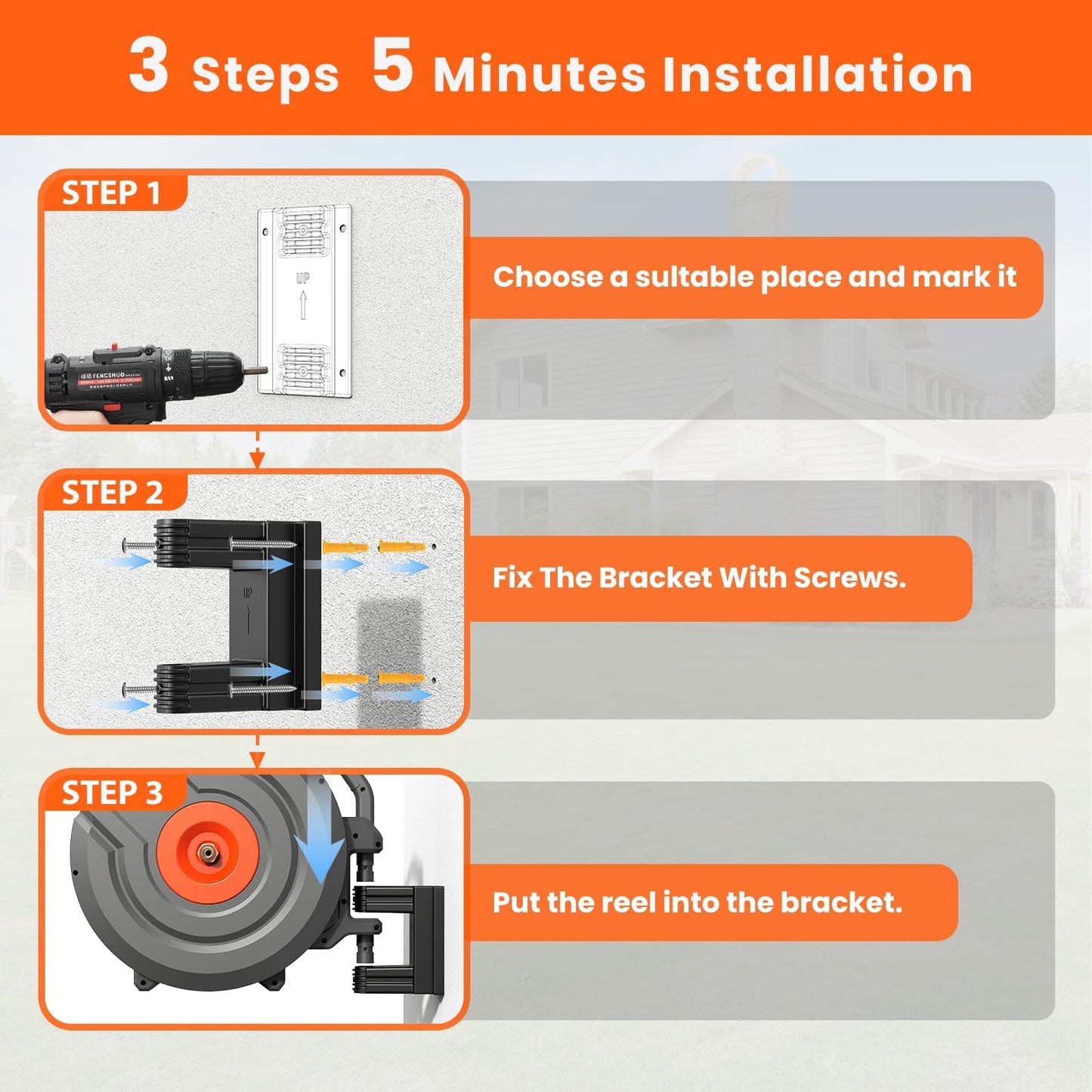 3rd Generation Retractable Garden Hose 130 ft x 1/2 inch Heavy Duty Wall-Mounted Hose Reels for Outside 180° Swivel Automatic Slow Return Any Length Lock 9 Pattern Nozzle UV Resistant (Black)