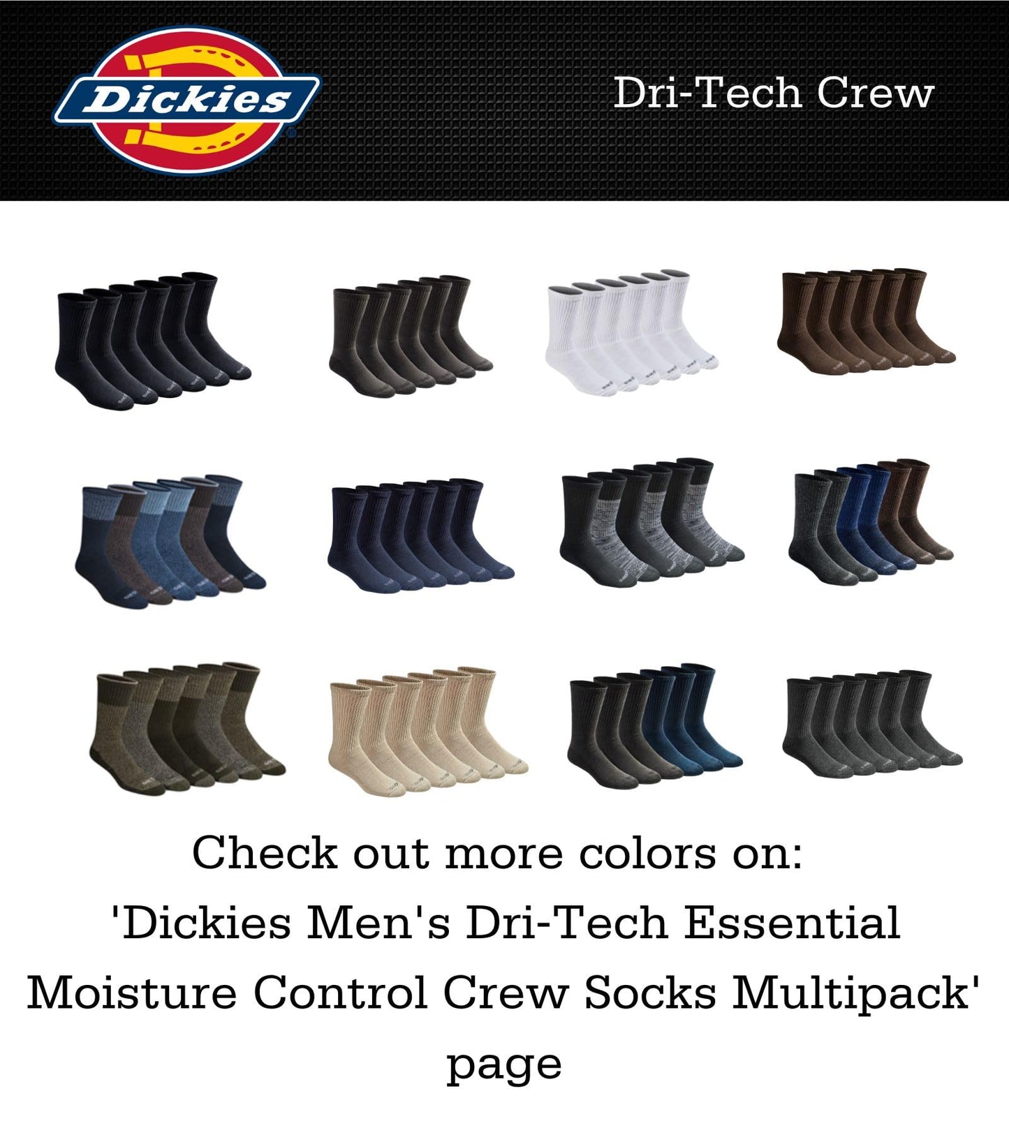 Dickies Men's Dri-tech Original Moisture Control Crew Socks Multipack, Black (6 Pairs), Shoe Size: 6-12, Pack of 6