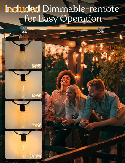 100ft Solar Outdoor String Lights with Remote - USB Rechargeable Solar Powered Outdoor Patio Lights, Larger 3.5W Solar Panel , Timer, Dimmable Shatterproof ST38 Bulbs for Backyard, Porch, Garden, Pool
