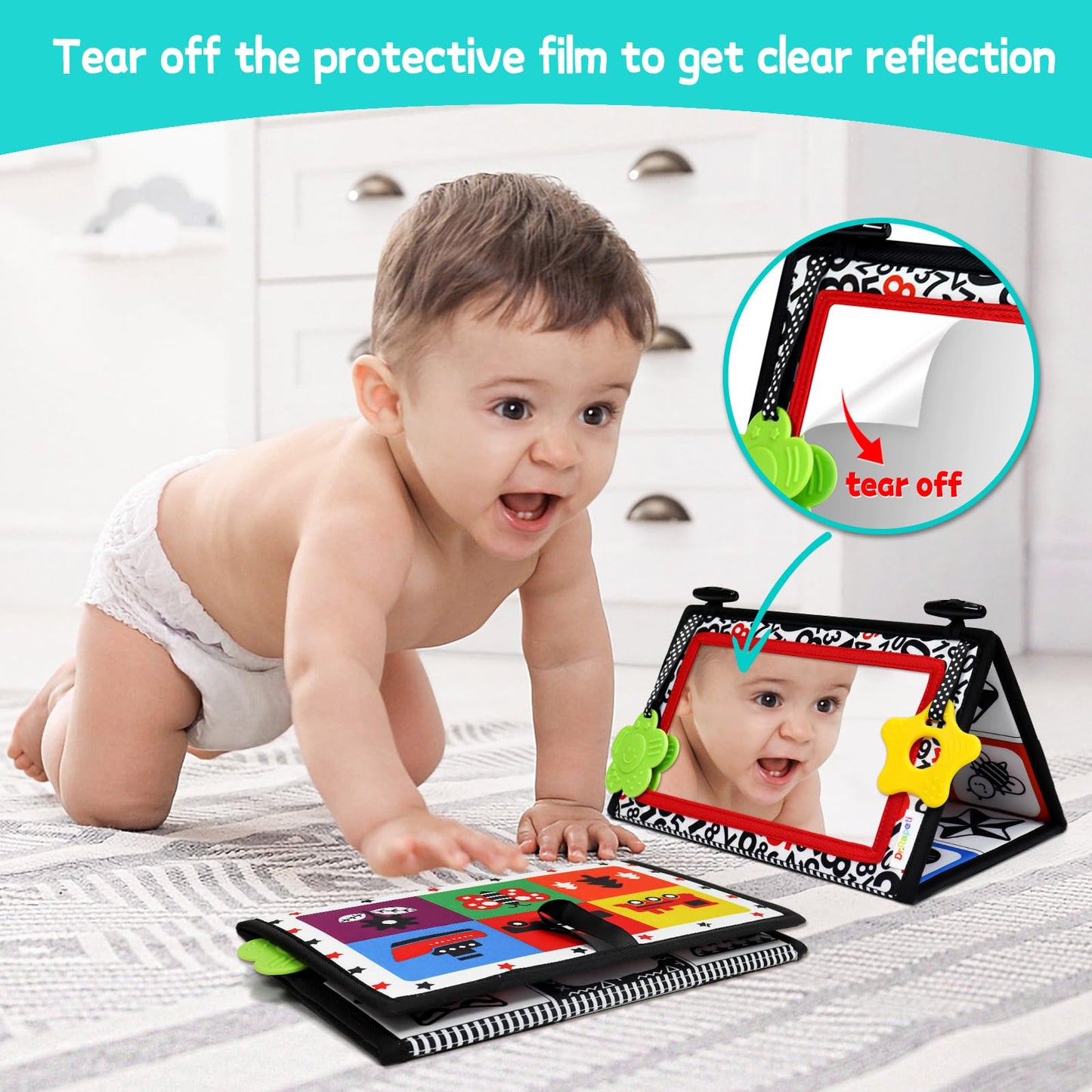 Dr.Rapeti Tummy Time Floor Mirror for Baby Infant Toddler Kids Black and White High Contrast Baby Toy with Teethers Floor Activity Toy Washable Non-Toxic