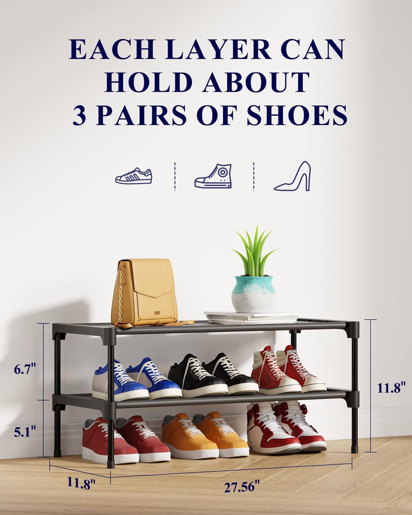 Kitsure Shoe Rack - Non-Woven Shoe Rack Shelf, Shoe Organizer for Closet, Entryway, Garage & Corridor, Stackable Shoe Shelves, 27.5" Wide - 2 Tier, Black