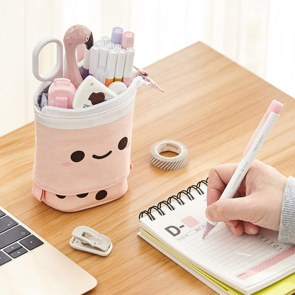 ANGOOBABY Standing Pencil Case Cute Telescopic Pen Holder Kawaii Stationery Pouch Makeup Cosmetics Bag for School Students Office Women Teens Girls Boys Christmas Gift (Pink)