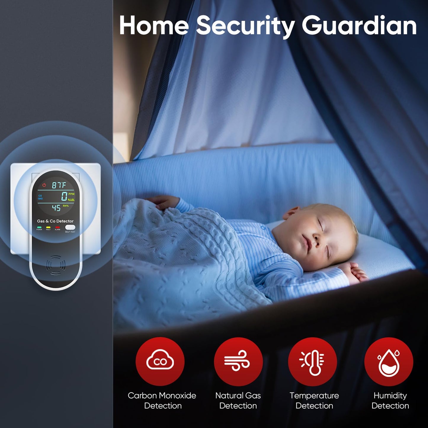 4-in-1 Upgraded Natural Gas Leak Detector and Carbon Monoxide Detectors, Dual Sensor Gas Leak Detector & Carbon Monoxide Detectors Plug in (Temperature & Humidity) for Home, RV (Black)