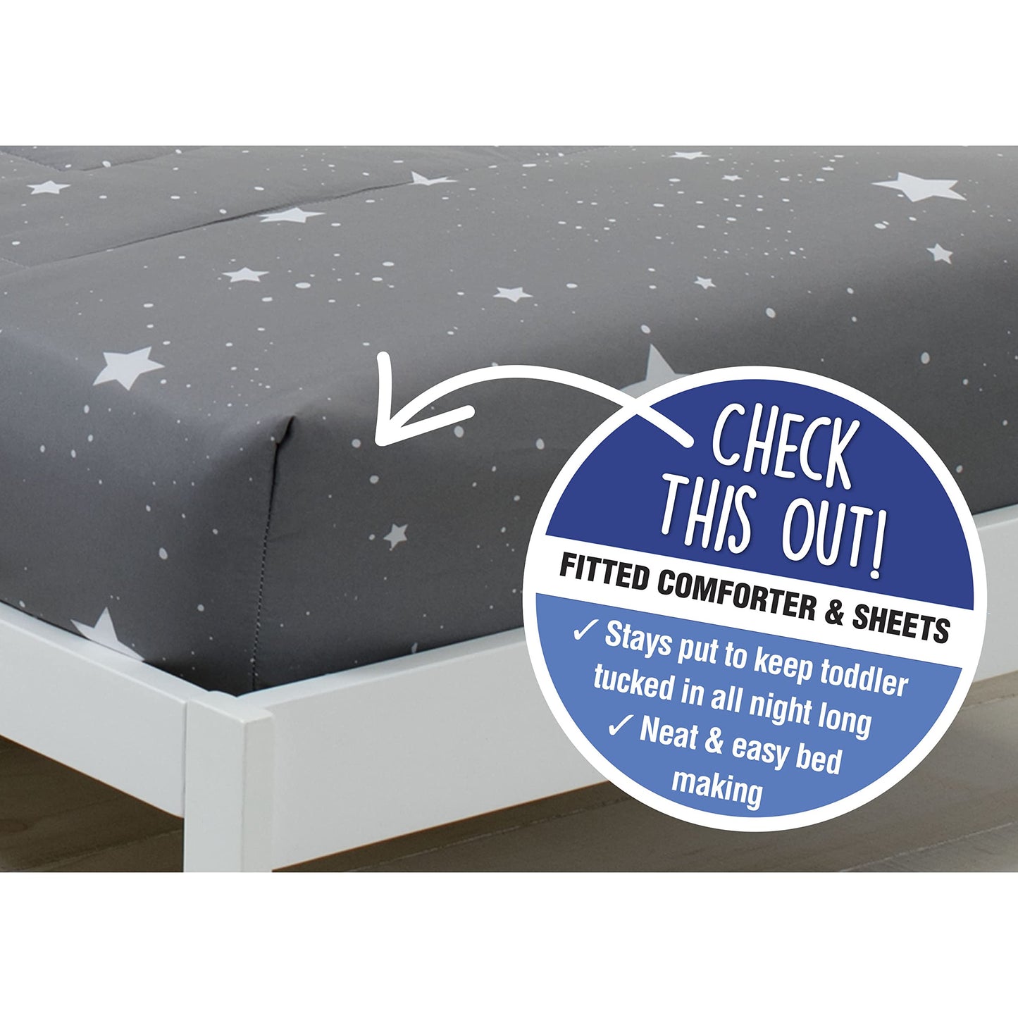 Delta 4-Piece Reversible Toddler Bedding Set - Fitted Sheet, Top Sheet, Pillowcase, 2-in-1 Comforter - For Boys, Dusty Skies & Grey Stars