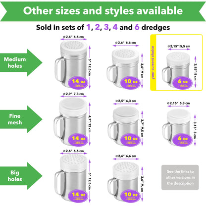 CUSINIUM Metal Salt Pepper Cooking Dredge Shakers - With Handle - Seasonings Spice Shakers With Holes and Lids - 6 Ounce, 2pcs | Style: Medium