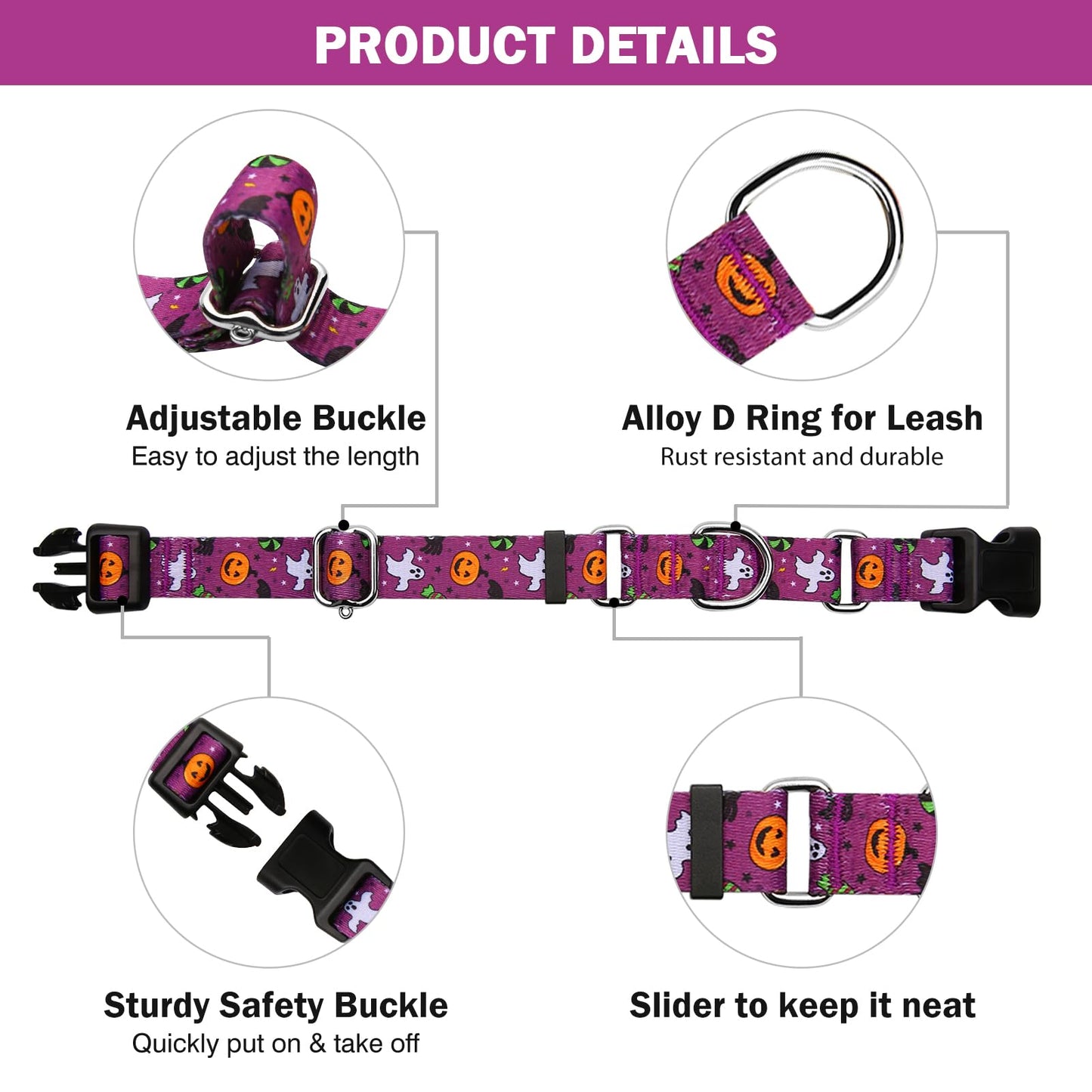 Hikiko Martingale Collar for Dogs with Buckle for Small Medium Large Dogs Soft Nylon Halloween Dog Collars Walking Training（Purple Little Devil,Large）