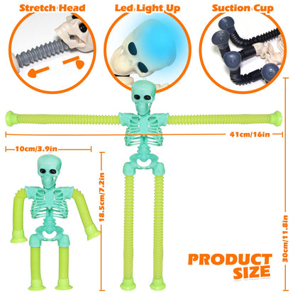 Halloween LED Skeleton Pop Tubes Light Up 4 Pcs Halloween Sensory Fidget Toys, Telescopic Suction Cup Autism ADHD Halloween Party Favors Goodie Bags Basket Stuffers Trick or Treat Toys for Kids 3+