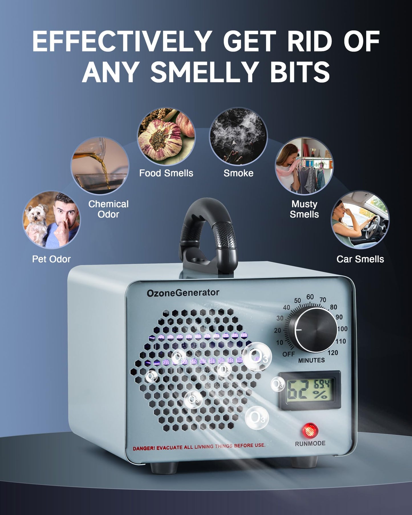 CREWORKS Ozone Odor Machine, Commercial Ozone Generator Air Purifier with Timer Display, 38000 mg/h Ozone Machine for Car Home Smoke Pet Odor Removal, High Capacity for 3200 sq ft Room, Silver