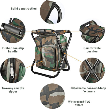 Kikerike Folding Stool Backpack Insulated Cooler Bag, Collapsible Camping Hunting Fishing Multifunction Chair with Front Pocket and Bottle Pocket for Outdoor Events, Hiking, Travel, Beach