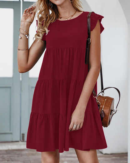 KIRUNDO Wedding Guest Dresses for Women Short Summer Sleeveless Ruffle Sleeve Round Neck Loose Short Flowy Pleated Tiered Mini Dress (Wine Red, X-Large)