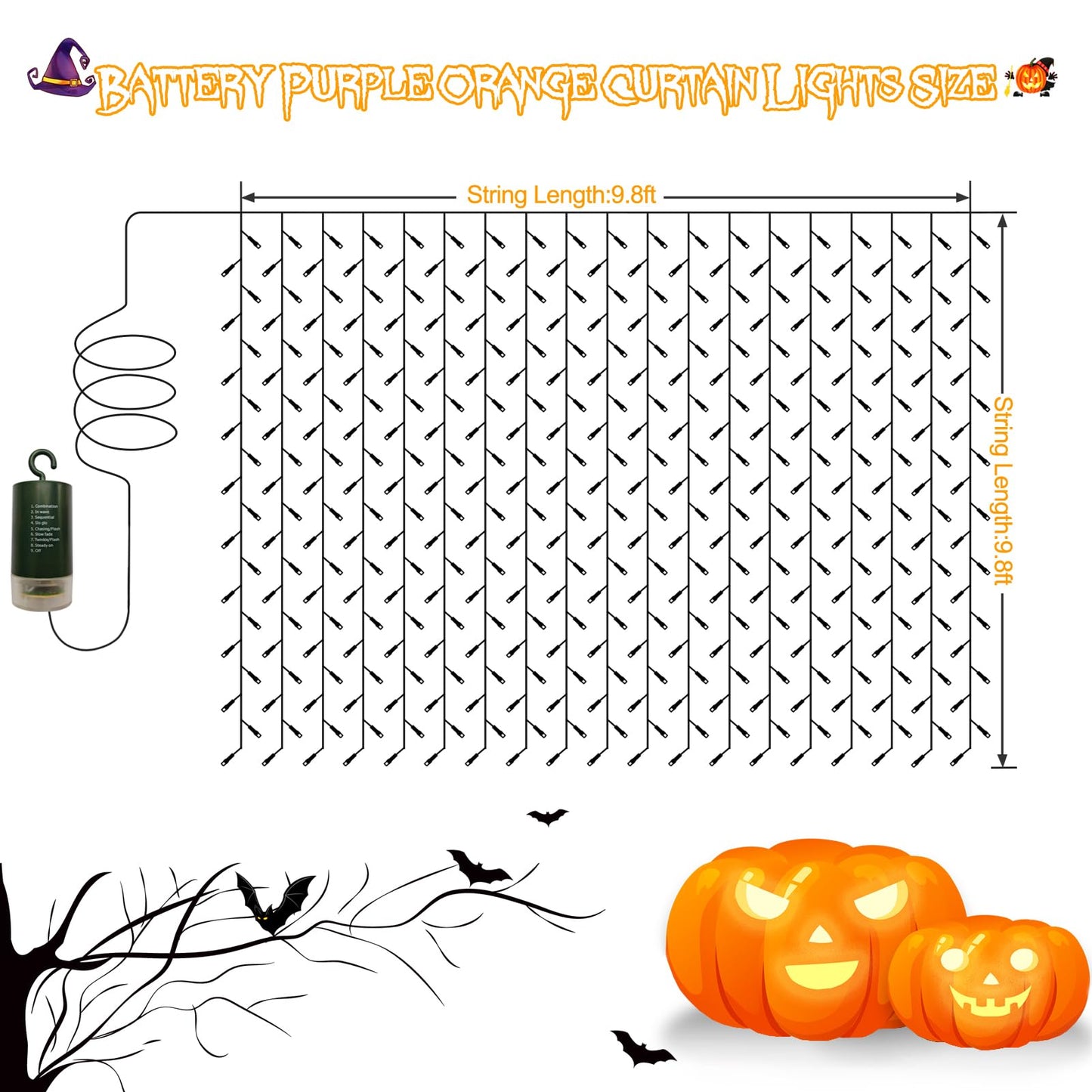 DealBeta Purple Orange Curtain Lights Battery Operated Halloween 300 LED Hanging Curtain Lights with Remote 8 Modes Timer for Wedding Halloween Party Decór (9.8ft×9.8ft)