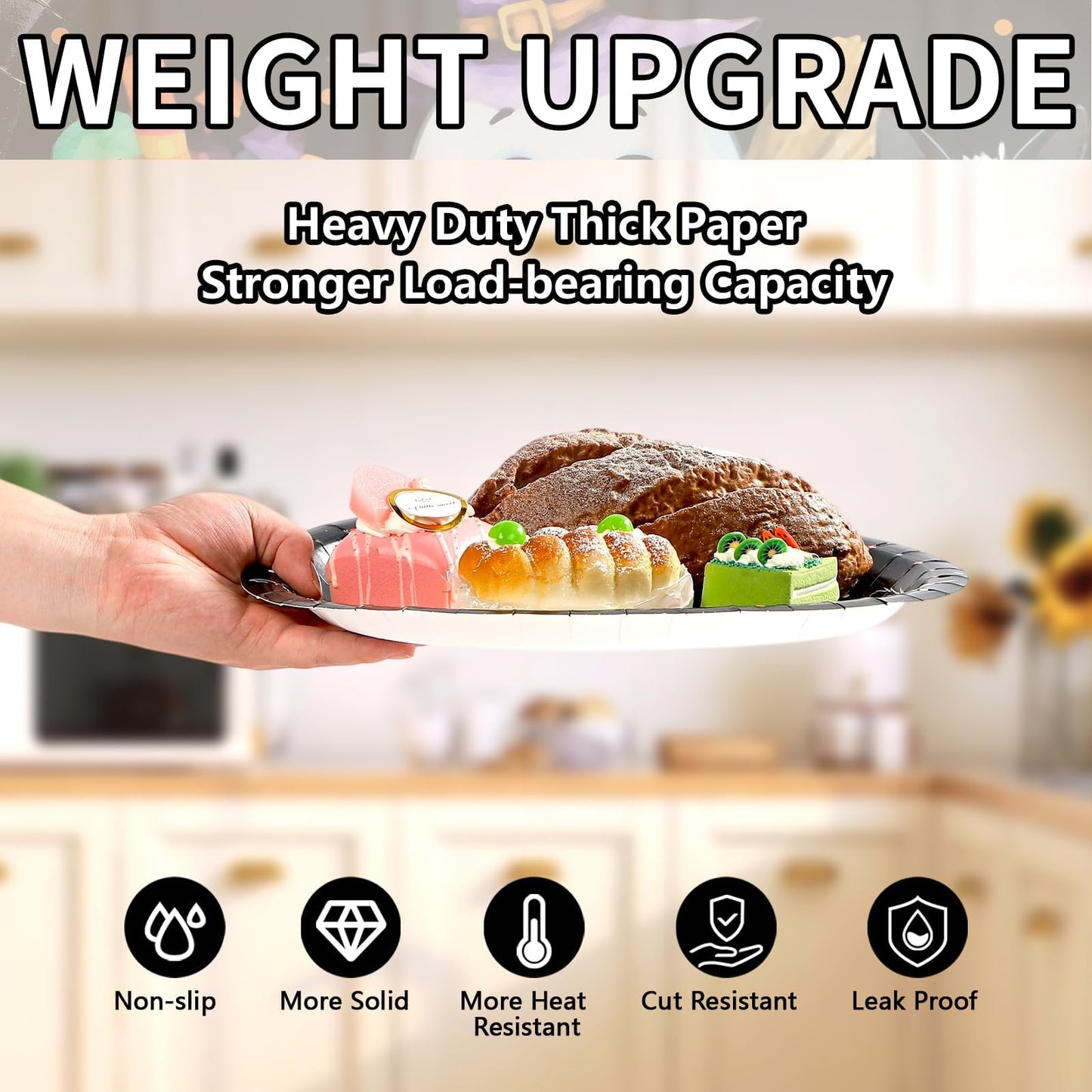 50Pcs Halloween Oval Paper Plates 10" x 12" Large Disposable Heavy Duty Cute Pumpkin Ghost Black Cat Paper Platters Jack-O-Lantern Dessert Plates for Halloween Birthday Holiday Party Supplies