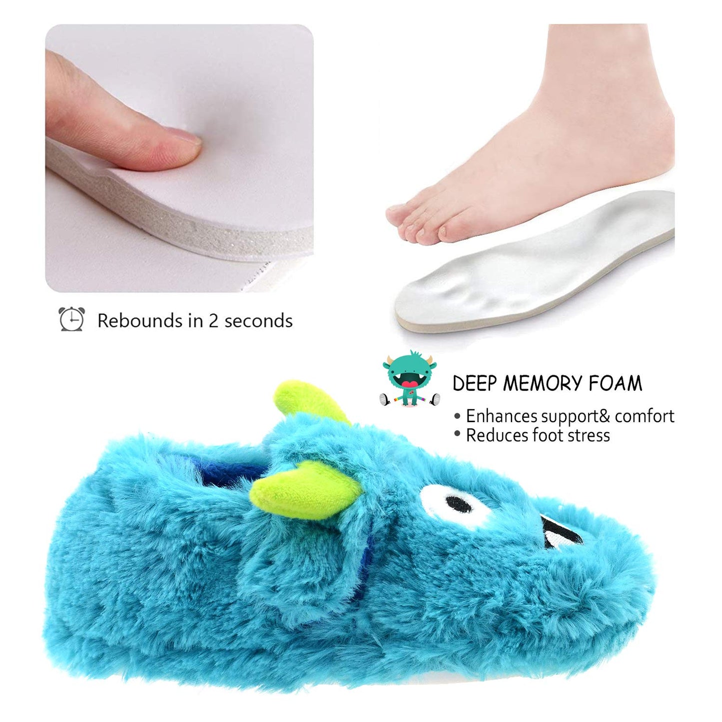 LA PLAGE Boys Slippers for Kid Cotton-Shaped Monster Upper House Cartoon Slippers Size Toddler 9 US Blue