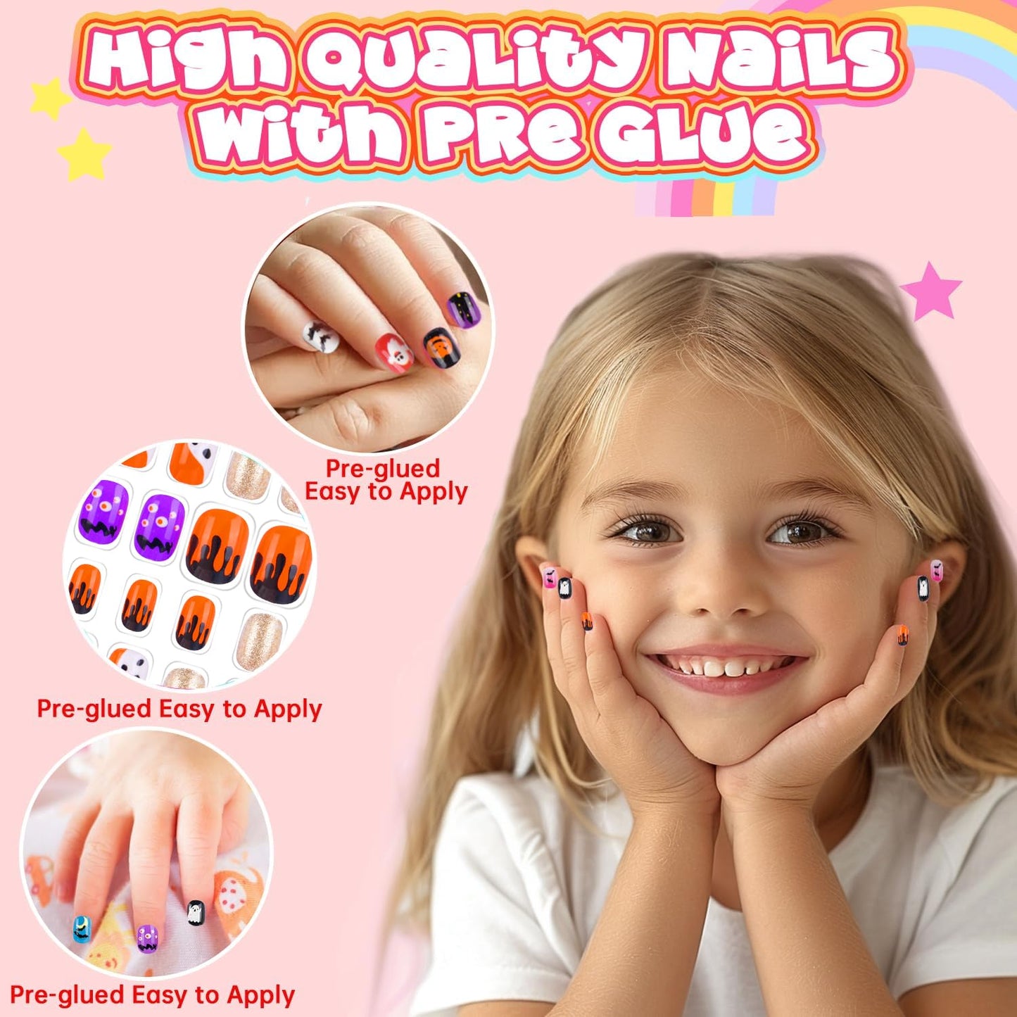 144 Pieces 6 Pack Kids Press on Nails Artificial Fake Nails for Kids Girls Pre Glue Full Cover Short Acrylic False Nail Tips Art Kits Gifts for Girls Nail Art Decoration (Halloween Pattern)