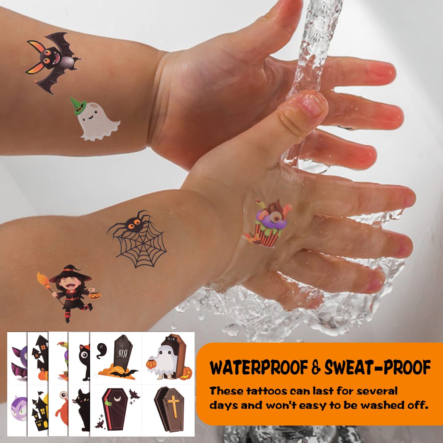 156 PCS Halloween Temporary Tattoos for Kids in 52 Unique Designs - 2 Inch Bulk Halloween Assorted Waterproof Fake Pumpkin Temp Tattoo Sticker for Boys Girls Goody Bag Stuffers Prizes Party Favors