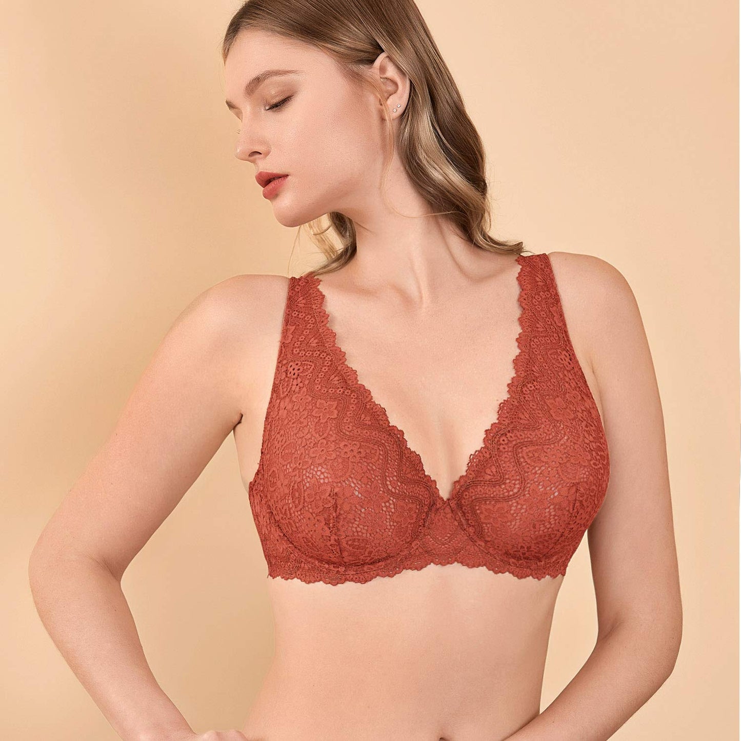 DOBREVA Women's Lace Plunge Bra Sexy Underwire Bralette Plus Size See Through Unlined Bras Pumpkin 32E