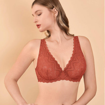 DOBREVA Women's Lace Plunge Bra Sexy Underwire Bralette Plus Size See Through Unlined Bras Pumpkin 32E