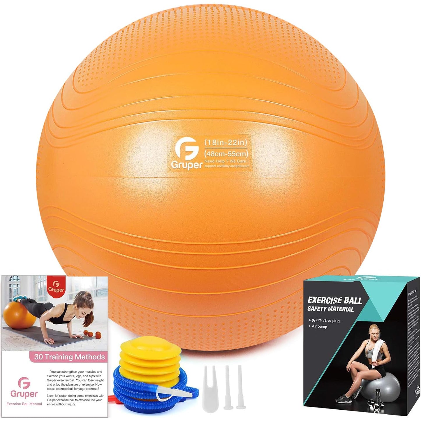 Gruper Yoga Ball, 55-75cm Extra Thick Exercise Ball for Workout Fitness Balance, Anti Burst Chair for Home and Office Desk,Includes Hand Pump & Workout Guide Access (Orange, 22 inch (55cm),M)