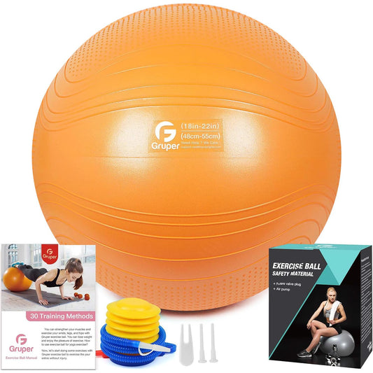 Gruper Yoga Ball, 55-75cm Extra Thick Exercise Ball for Workout Fitness Balance, Anti Burst Chair for Home and Office Desk,Includes Hand Pump & Workout Guide Access (Orange, 22 inch (55cm),M)