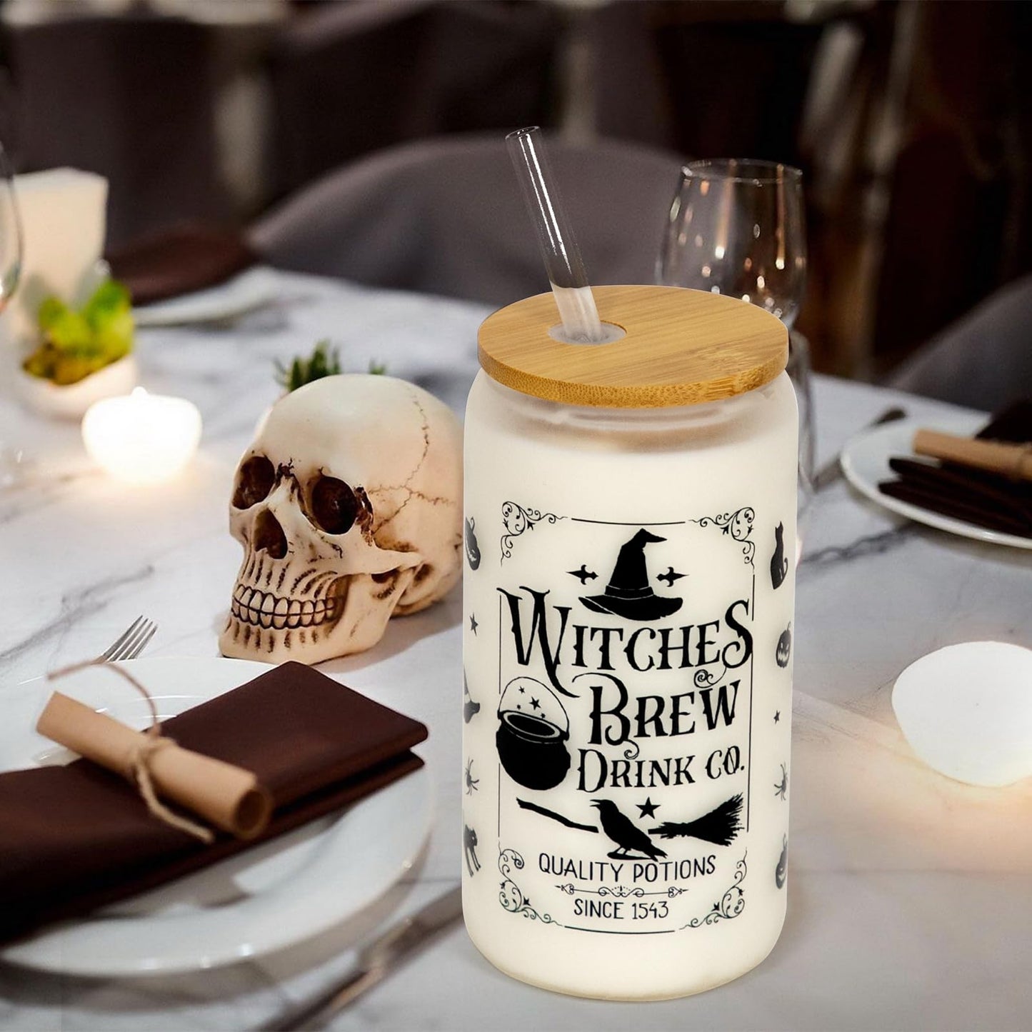 Joyseller Halloween Glass Cup, 18oz Frosted Witch Iced Coffee Can Cup Tumbler with Lid and Straw, Witch Tumbler Beer Can Glass, Halloween Gifts Decorations