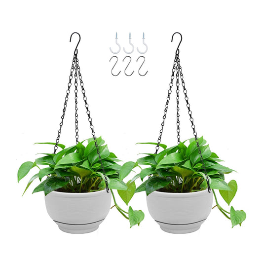 GROWNEER Plastic Hanging Planter 2 Packs 8 Inch Self Watering Pots Plants Hanger Baskets with 6 Pcs Hooks, Flower Pot with Detachable Base for Garden Indoor Outdoor (Grey)