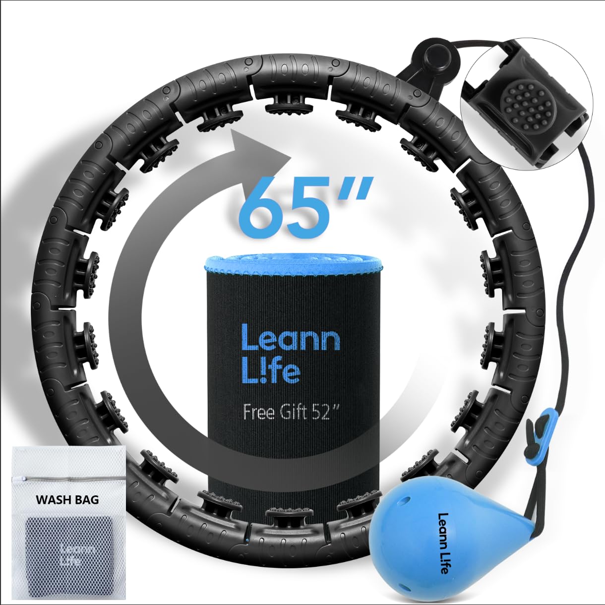 Leann L!fe U2 Black 32 Knots 19”- 65”, Adjustable Weighted Hula Hoop for Kids & Adults Weight Loss, Infinity Hoop Plus Size, Abdominal Toner, Free Waist Trimmer & Wash Bag, Black-Blue Ball