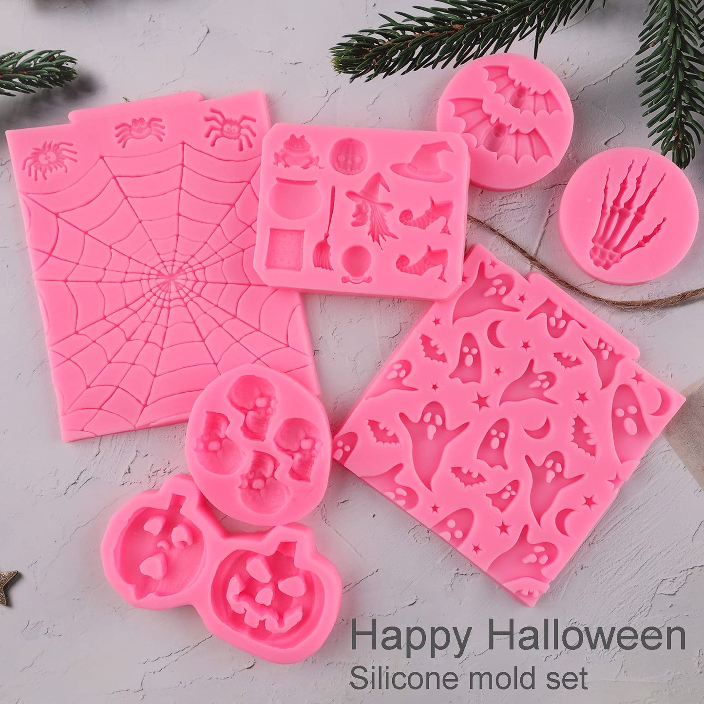 Halloween Silicone 7-Pack Pumpkin Cake & Cupcake Chocolate Skull Batskeleton Hand Bat Ghost Witch Candy Molds for Party