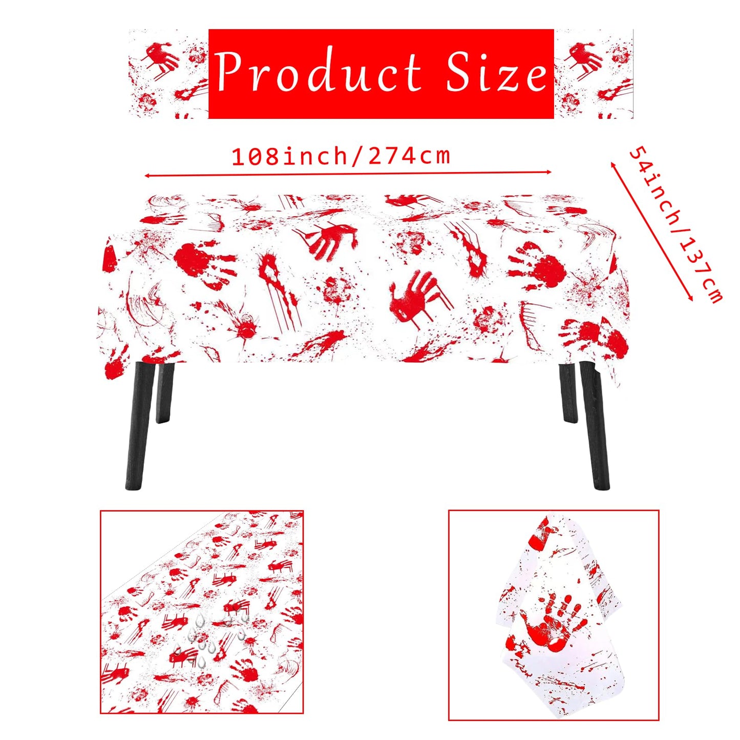 3 Pieces Bloody Handprint Tablecloth - 54x108 Inches Disposable Blood Splatter Themed Plastic Table Cover with Red Handprints for Halloween Horror-Themed Party Decorations, and Scary Movie Nights