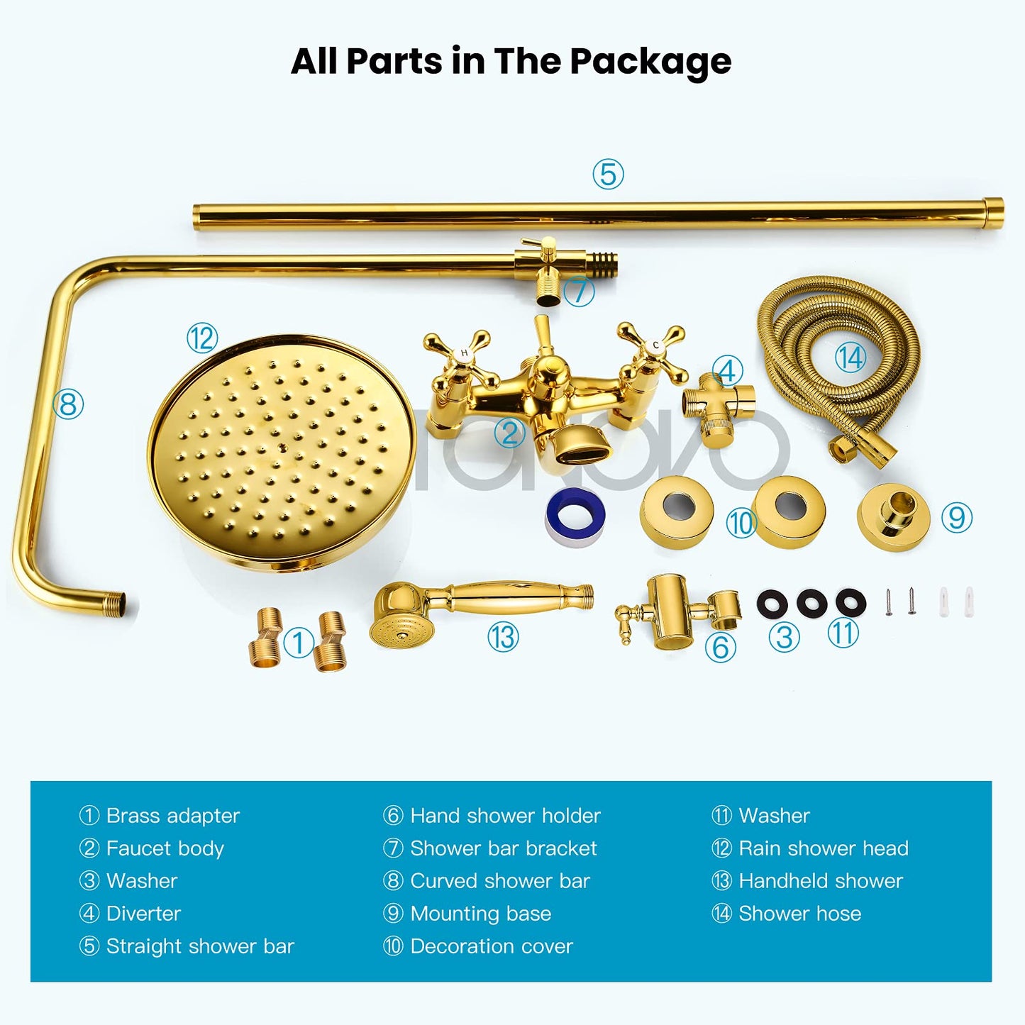 gotonovo Bathroom Shower Faucet Rain Mixer 8 Inch Round Shower Head Double Cross Handle with Tub Spout Wall Mount Bathroom Shower Fixtures 3 Function Metal Handheld Sprayer Polished Gold