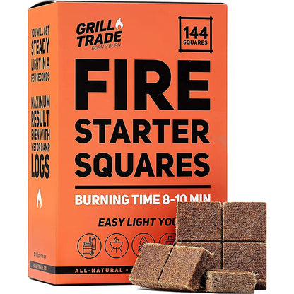 Grill Trade Fire Starter Squares 144, Easy Burn Your BBQ Grill, Camping Fire, Wood Stove, Smoker Pellets, Lump Charcoal - Fireplace Cubes - Ideal Barbeque Accessories